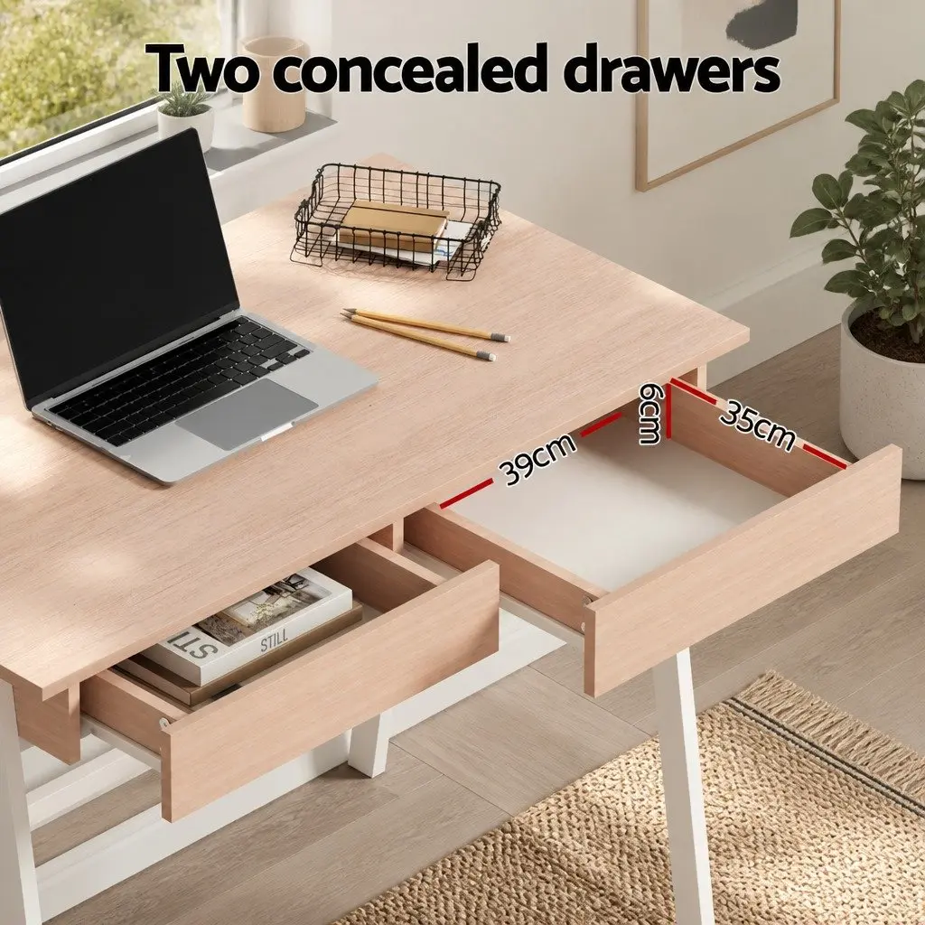 Oak White Computer Desk with Drawers for Home Office