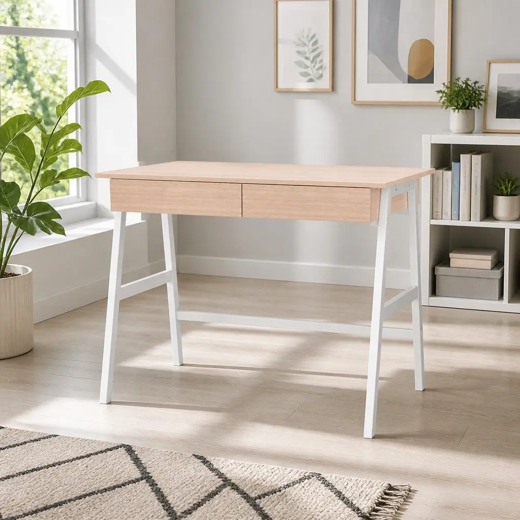 Oak White Computer Desk with Drawers for Home Office