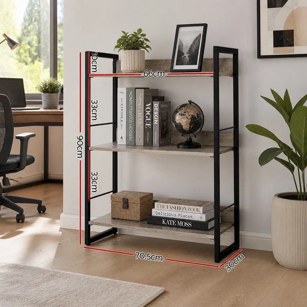 3-Tier Display Bookshelf Black Oak Engineered Wood Metal Frame Storage Shelving Unit