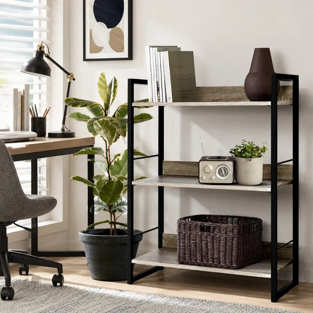 3-Tier Display Bookshelf Black Oak Engineered Wood Metal Frame Storage Shelving Unit