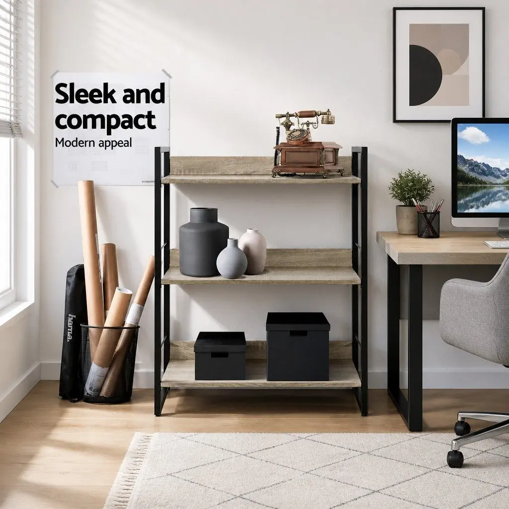 3-Tier Display Bookshelf Black Oak Engineered Wood Metal Frame Storage Shelving Unit
