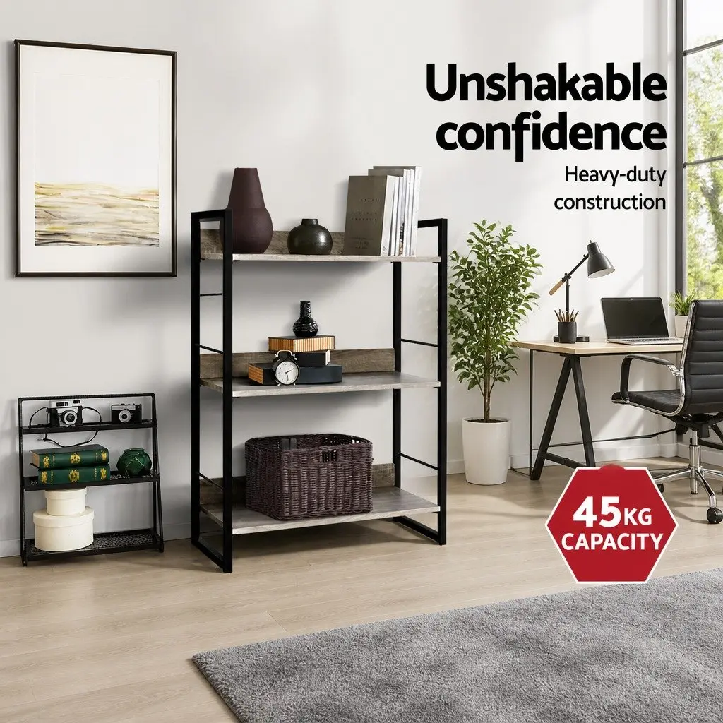 3-Tier Display Bookshelf Black Oak Engineered Wood Metal Frame Storage Shelving Unit