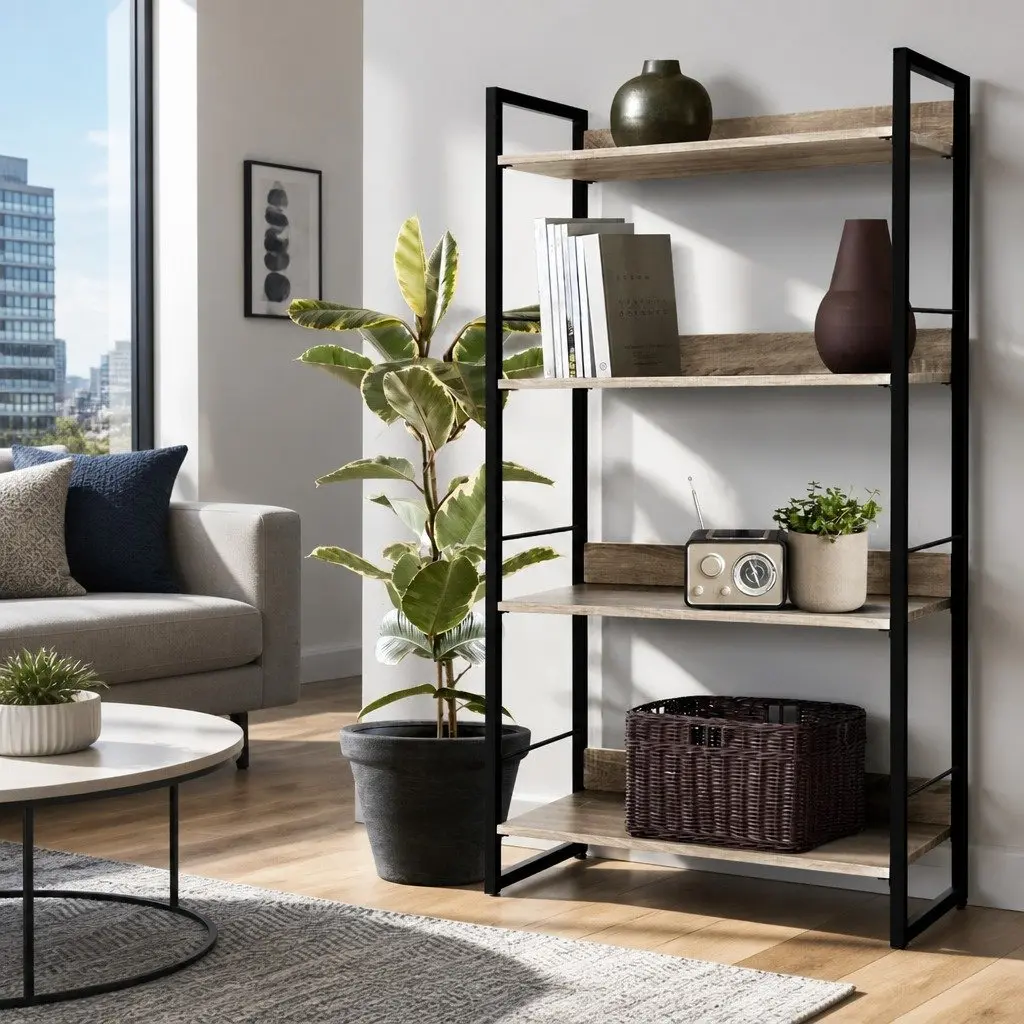 4-Tier Display Bookshelf Black Wood Metal Storage Shelf
