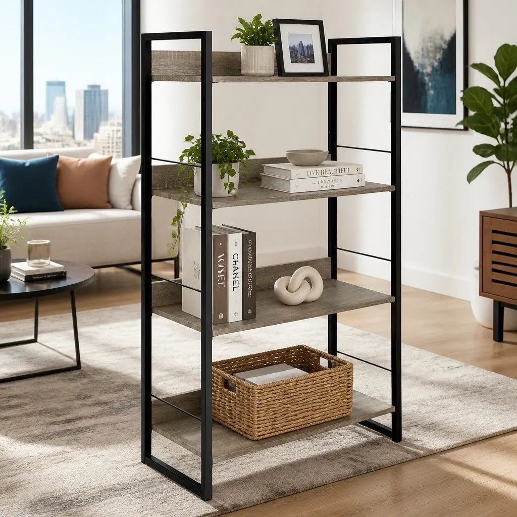 4-Tier Display Bookshelf Black Wood Metal Storage Shelf