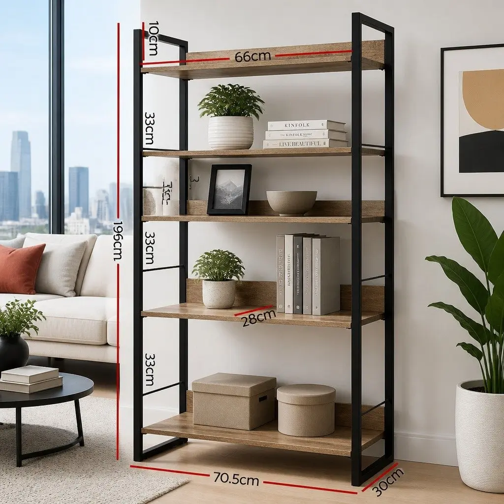 4-Tier Display Bookshelf Black Wood Metal Storage Shelf