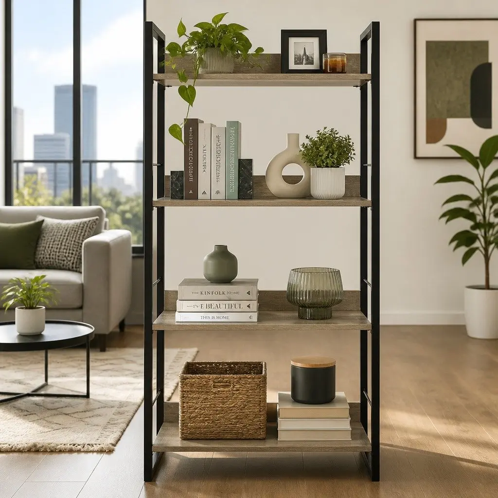 4-Tier Display Bookshelf Black Wood Metal Storage Shelf