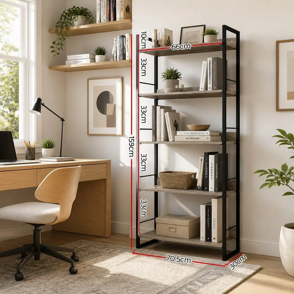 5-Tier Bookshelf Display Shelf Black Wood Grain Metal Frame