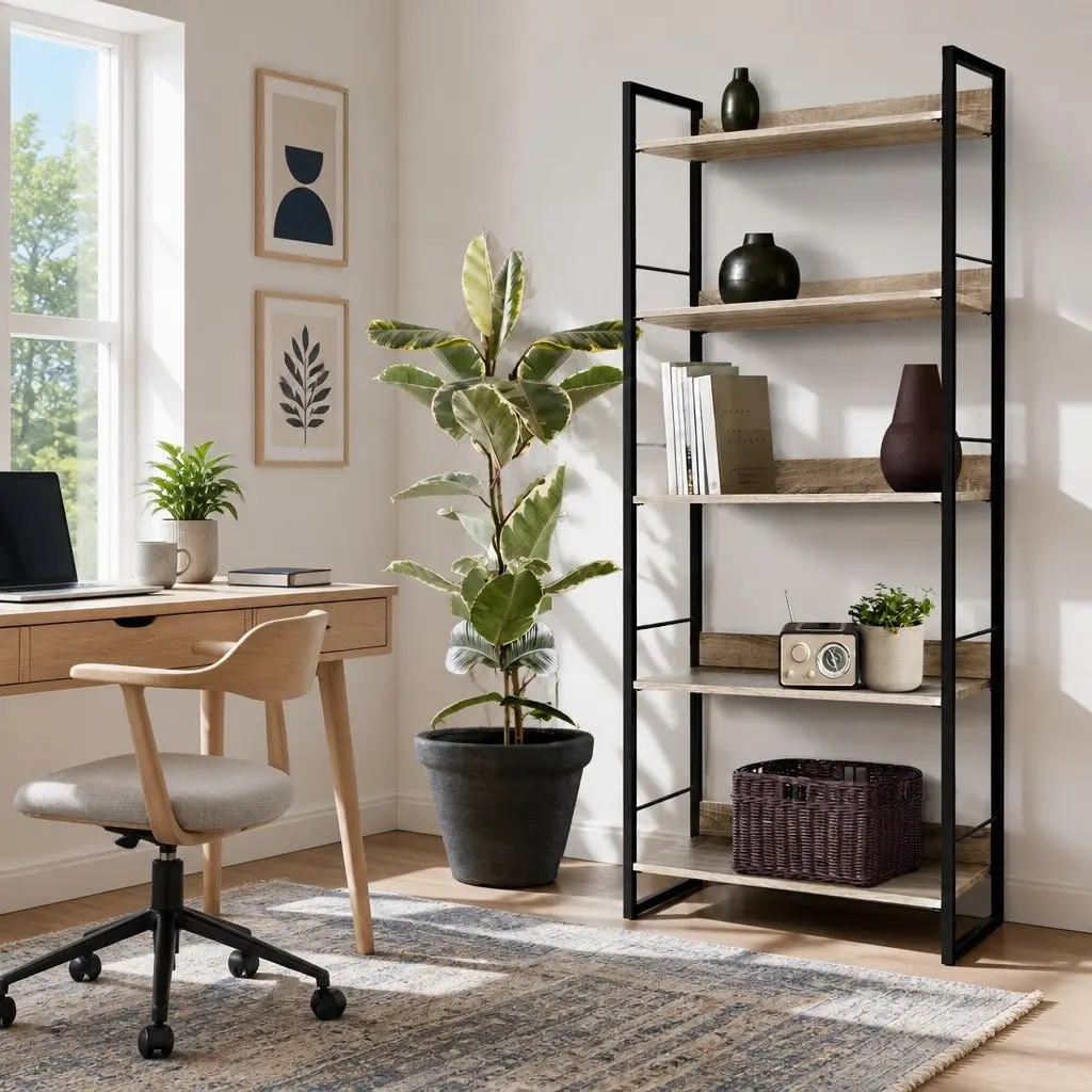 5-Tier Bookshelf Display Shelf Black Wood Grain Metal Frame