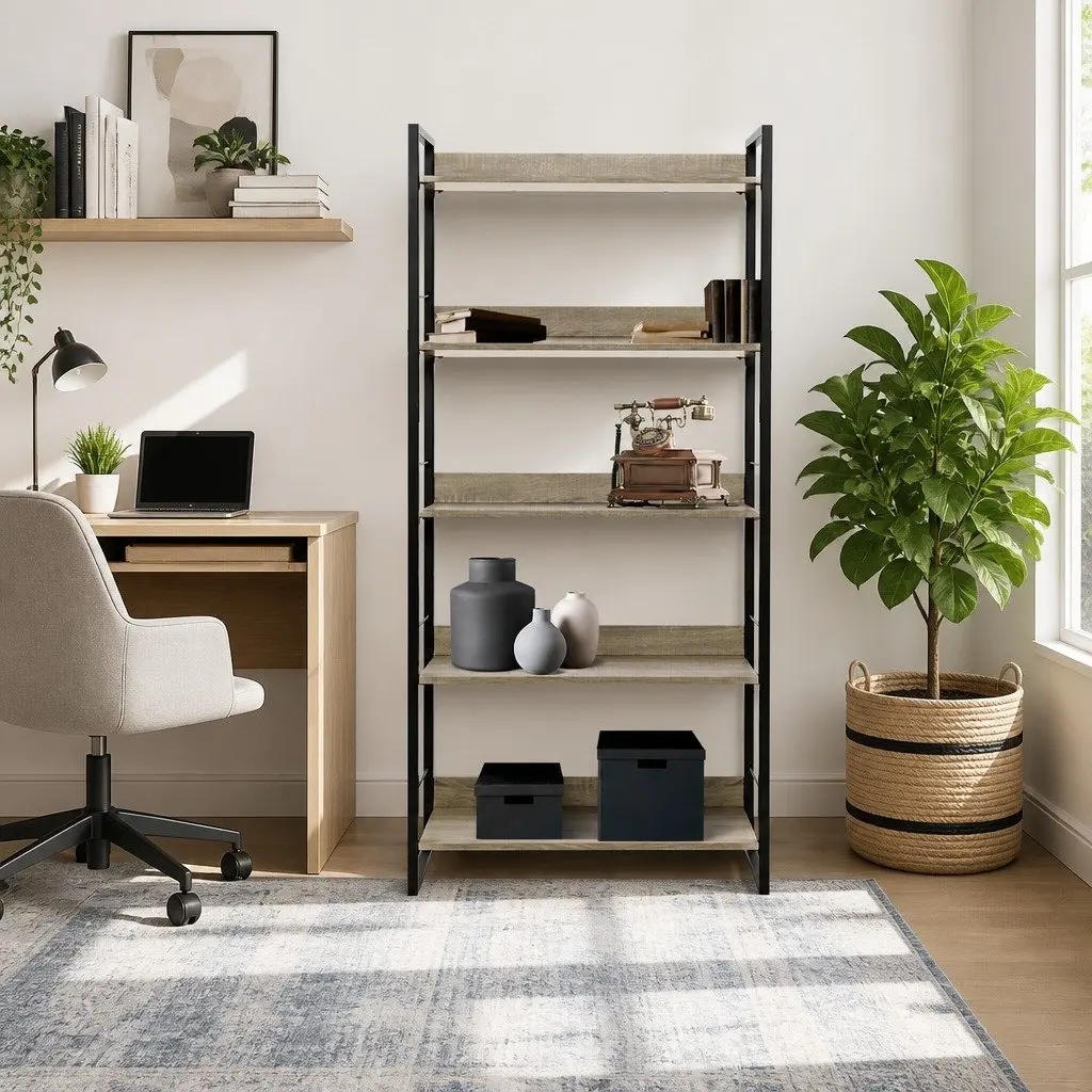5-Tier Bookshelf Display Shelf Black Wood Grain Metal Frame