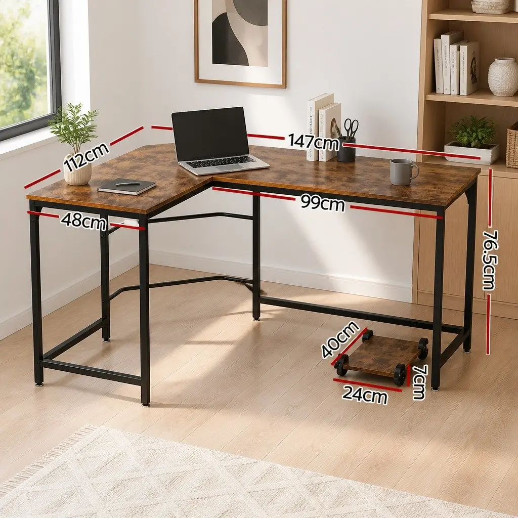 Brown L-Shape Computer Desk for Home Office 147cm