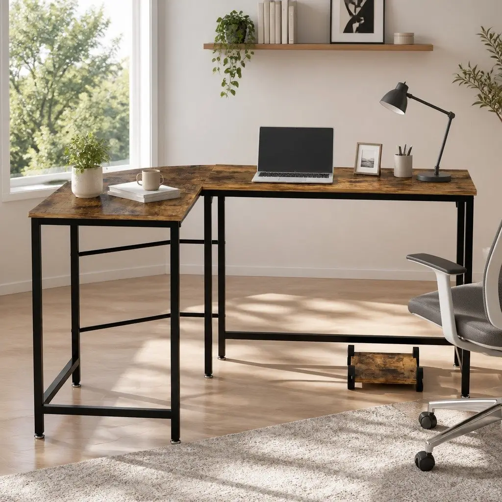 Brown L-Shape Computer Desk for Home Office 147cm