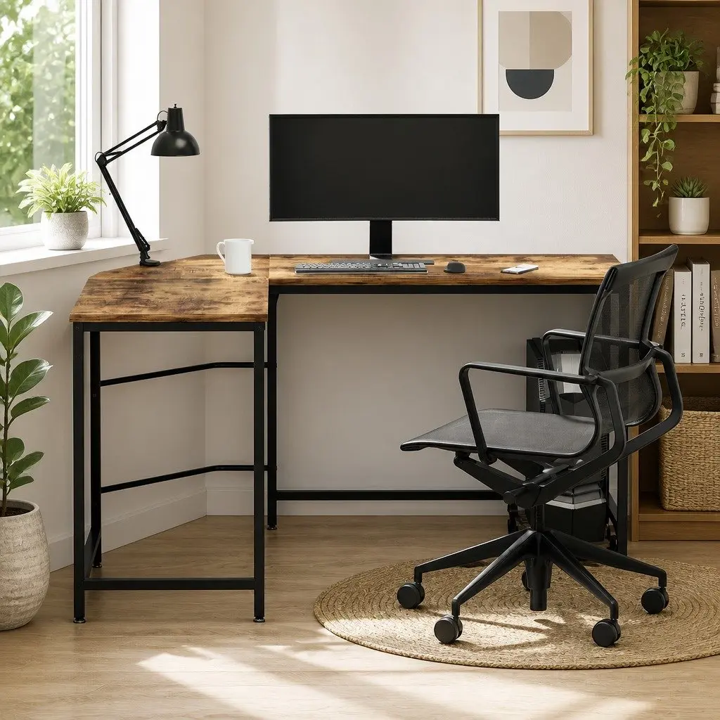 Brown L-Shape Computer Desk for Home Office 147cm