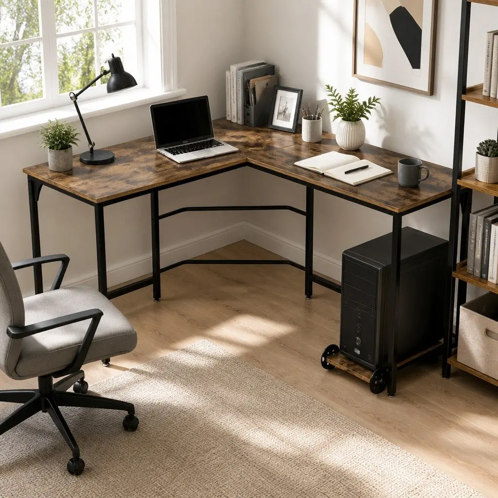 Brown L-Shape Computer Desk for Home Office 147cm