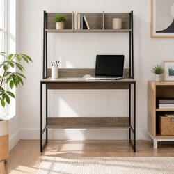 Grey Computer Desk with Bookshelf for Home Office