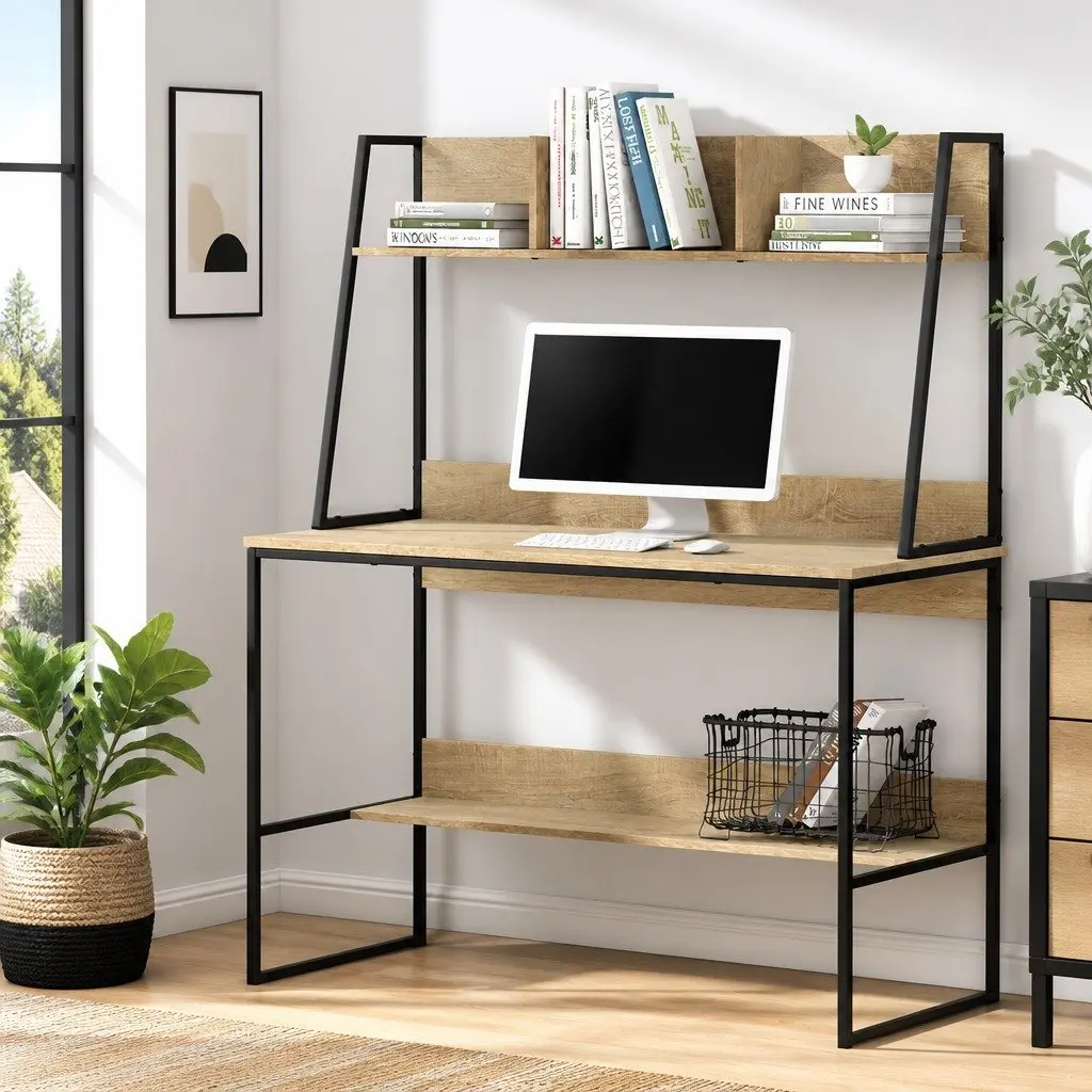 Computer Desk Oak 100CM Industrial Style with Bookshelf Storage and Cable Management