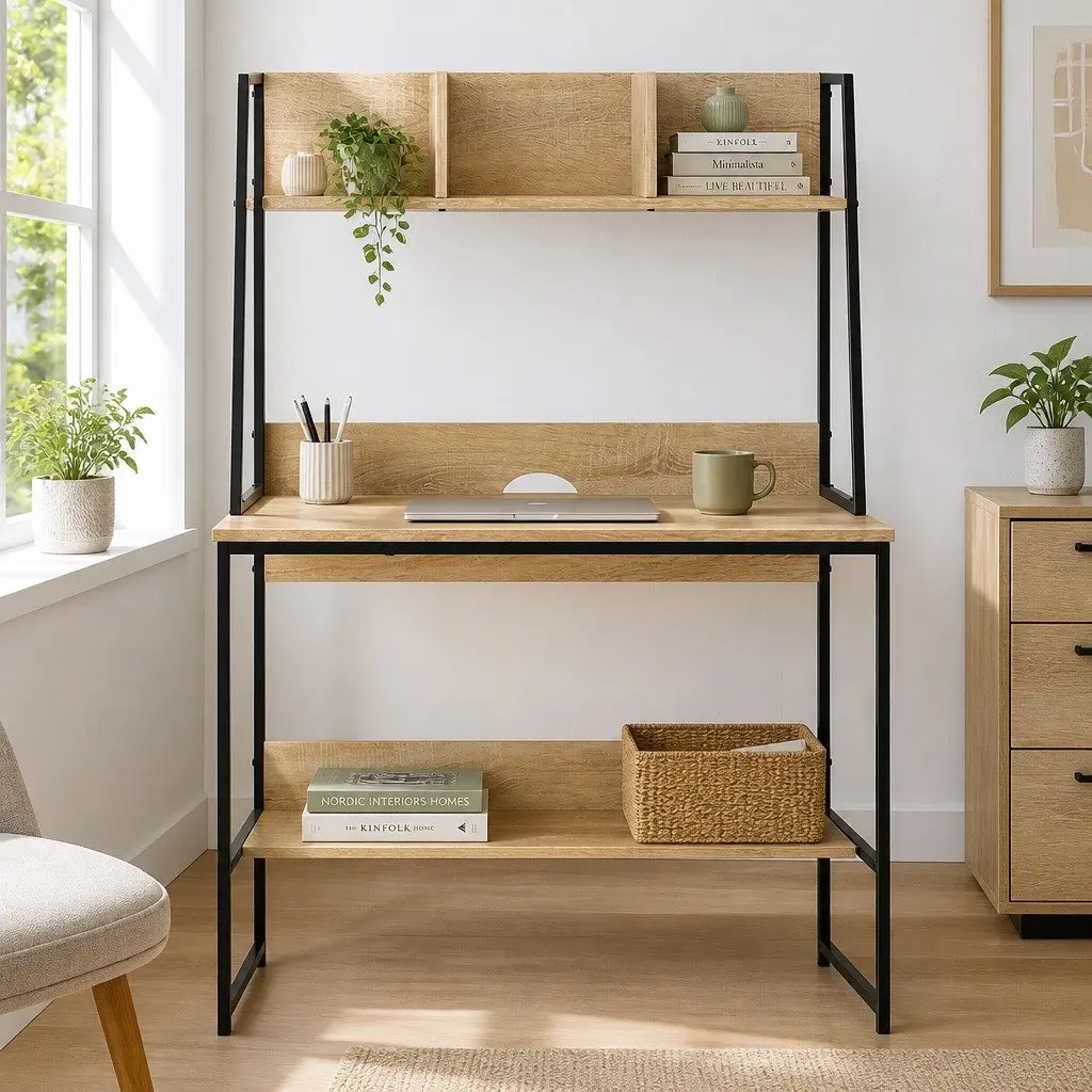Computer Desk Oak 100CM Industrial Style with Bookshelf Storage and Cable Management