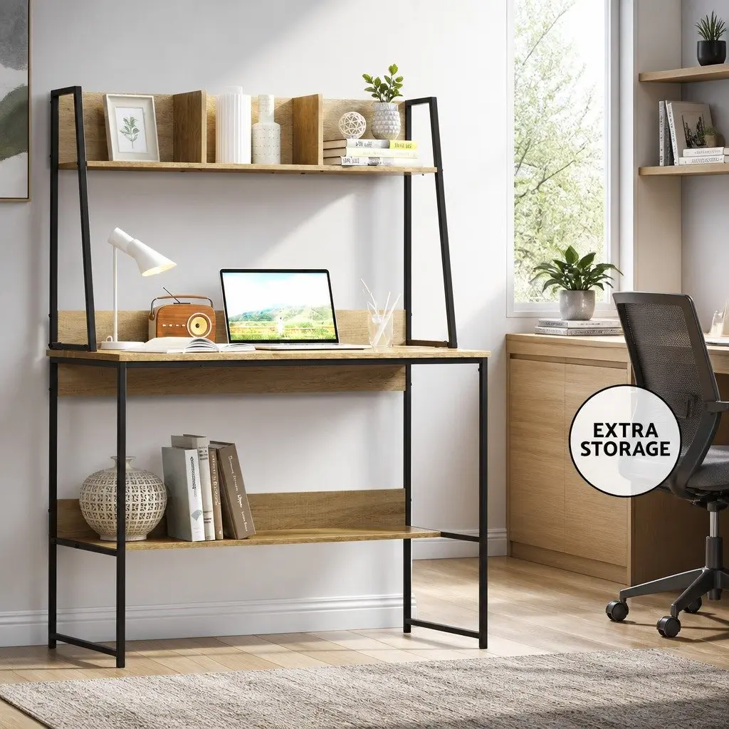 Computer Desk Oak 100CM Industrial Style with Bookshelf Storage and Cable Management
