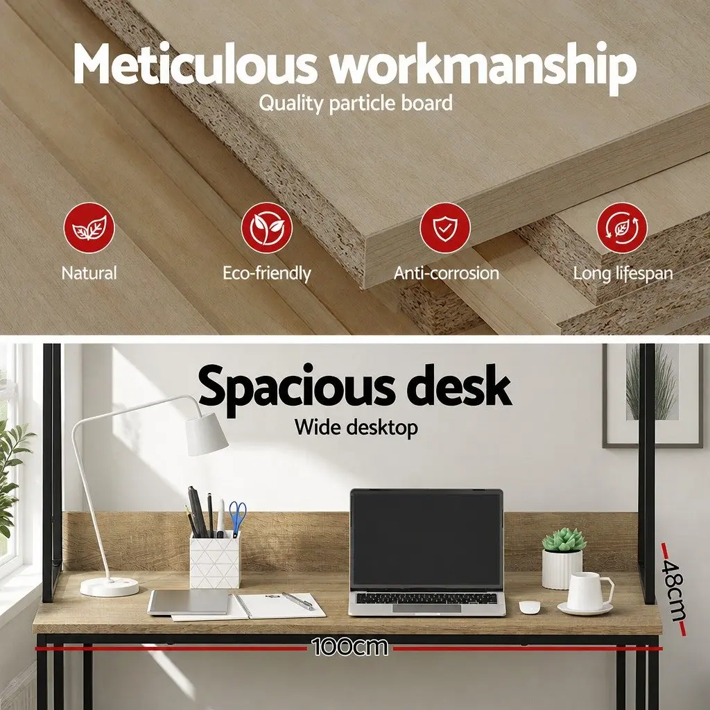 Computer Desk Oak 100CM Industrial Style with Bookshelf Storage and Cable Management