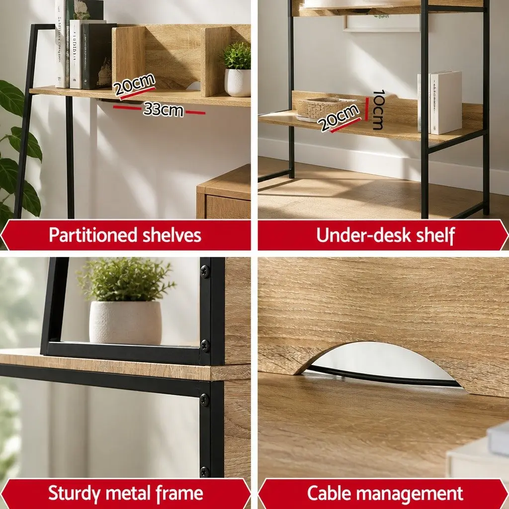 Computer Desk Oak 100CM Industrial Style with Bookshelf Storage and Cable Management
