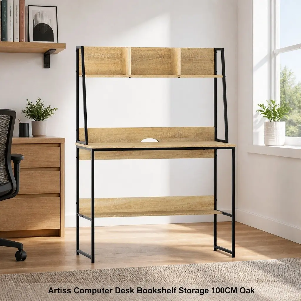 Computer Desk Oak 100CM Industrial Style with Bookshelf Storage and Cable Management