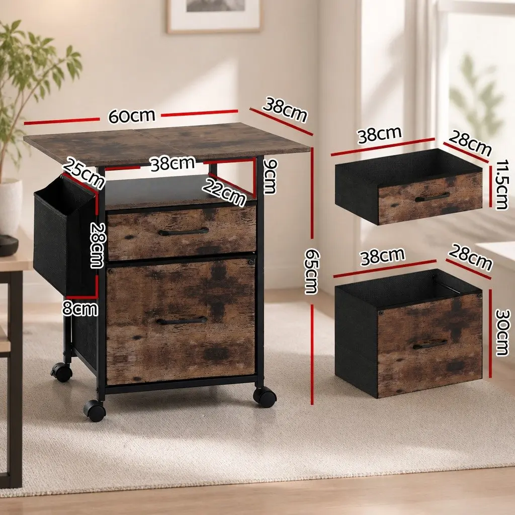 Mobile Filing Cabinet Rustic Brown 60cm Printer Stand 2 Drawer File Storage Particle Board
