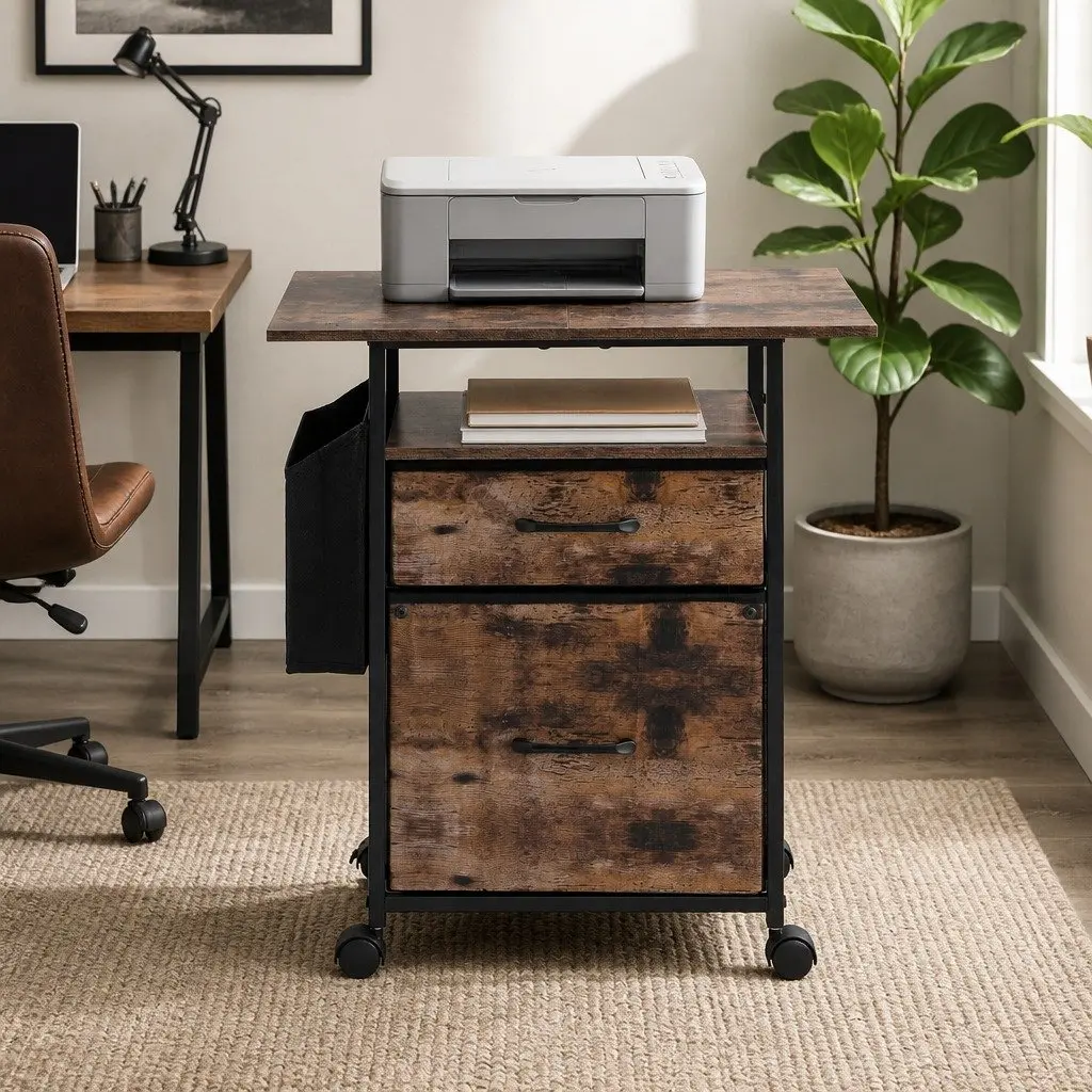 Mobile Filing Cabinet Rustic Brown 60cm Printer Stand 2 Drawer File Storage Particle Board