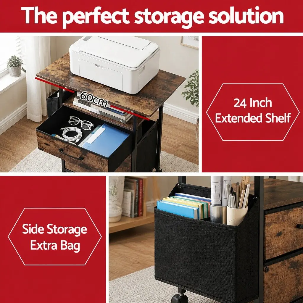 Mobile Filing Cabinet Rustic Brown 60cm Printer Stand 2 Drawer File Storage Particle Board
