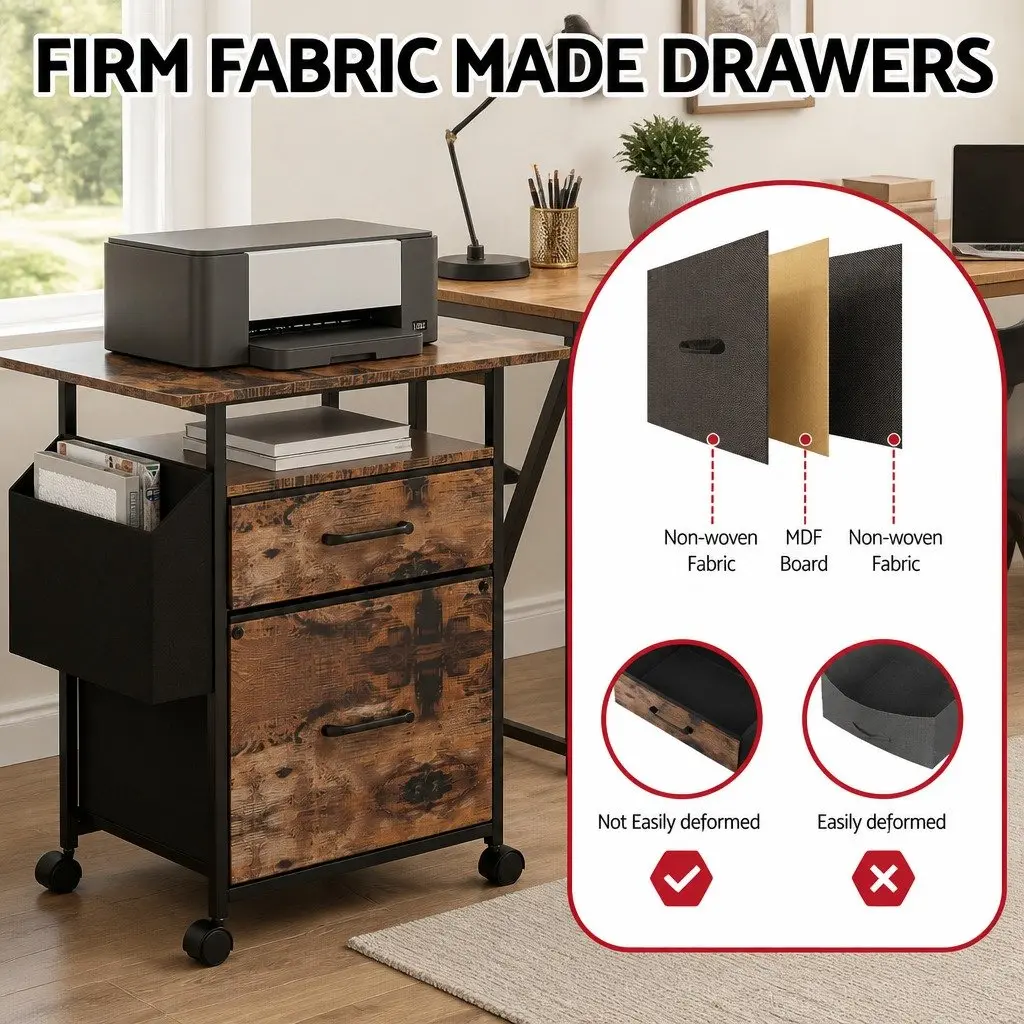 Mobile Filing Cabinet Rustic Brown 60cm Printer Stand 2 Drawer File Storage Particle Board