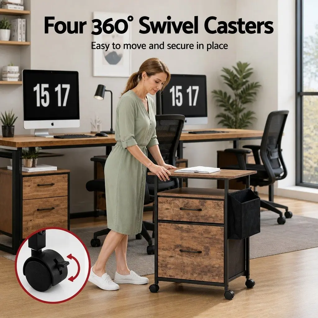 Mobile Filing Cabinet Rustic Brown 60cm Printer Stand 2 Drawer File Storage Particle Board