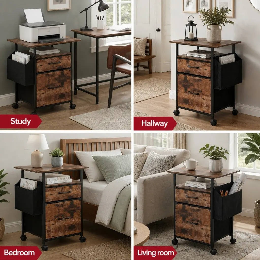 Mobile Filing Cabinet Rustic Brown 60cm Printer Stand 2 Drawer File Storage Particle Board