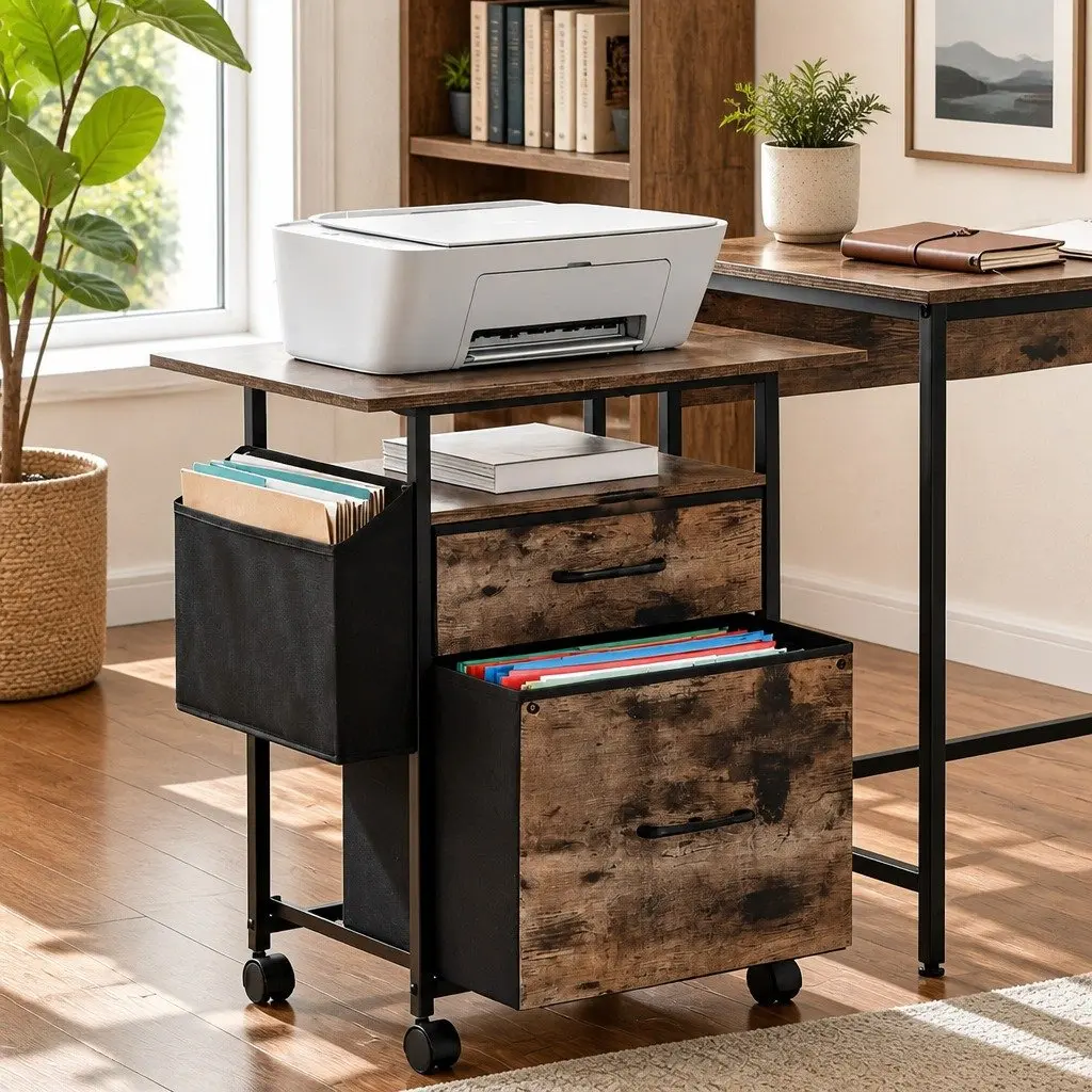 Mobile Filing Cabinet Rustic Brown 60cm Printer Stand 2 Drawer File Storage Particle Board