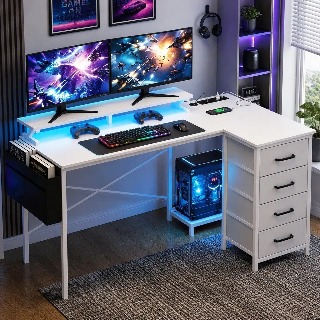 L Shaped Gaming Computer Desk White 140cm Workspace LED Lighting