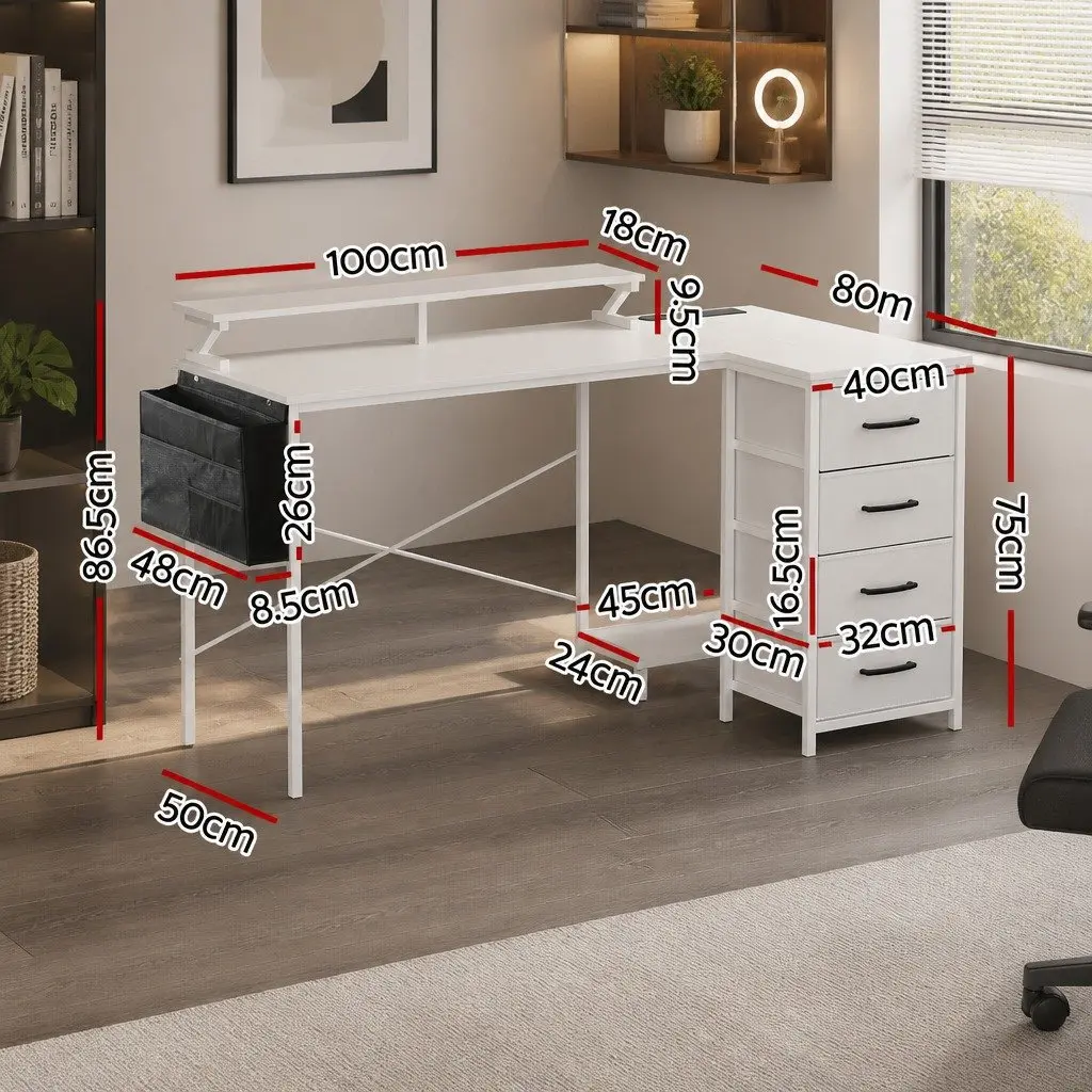 L Shaped Gaming Computer Desk White 140cm Workspace LED Lighting