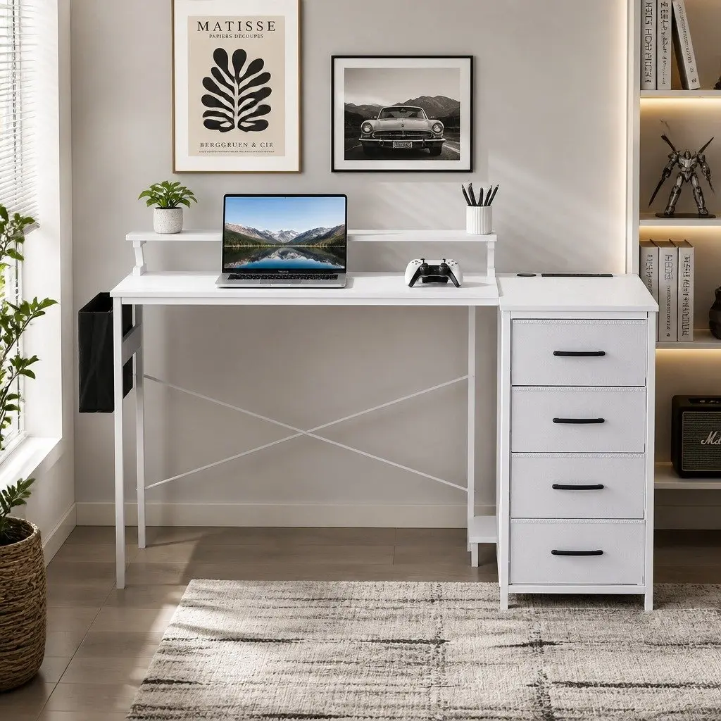 L Shaped Gaming Computer Desk White 140cm Workspace LED Lighting