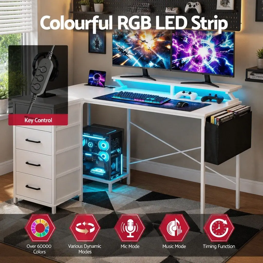 L Shaped Gaming Computer Desk White 140cm Workspace LED Lighting