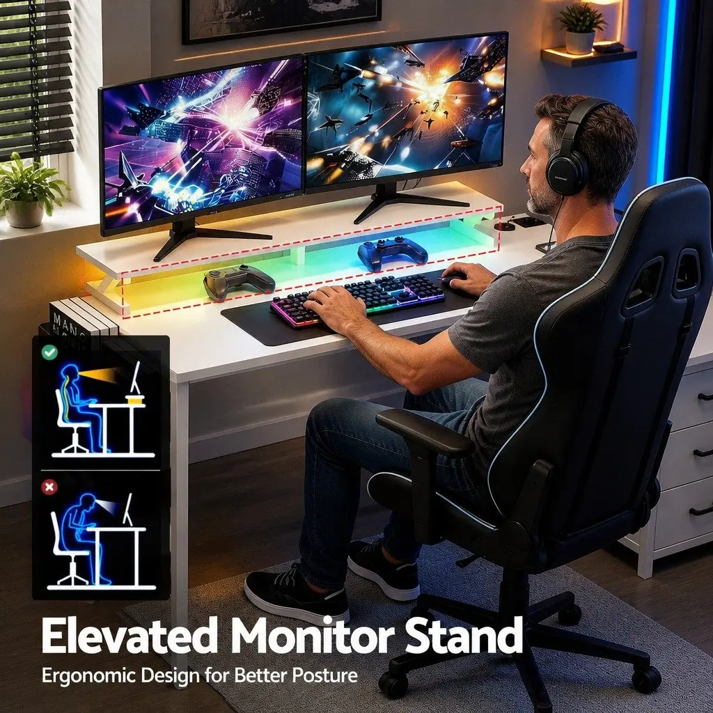 L Shaped Gaming Computer Desk White 140cm Workspace LED Lighting