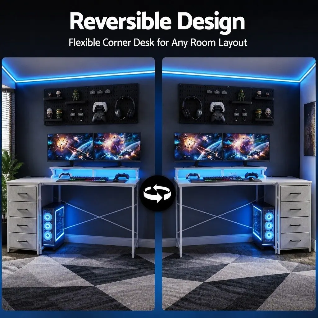 L Shaped Gaming Computer Desk White 140cm Workspace LED Lighting