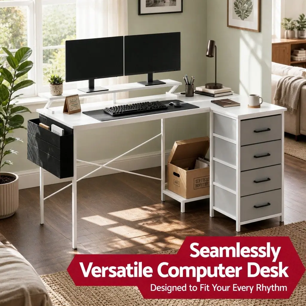 L Shaped Gaming Computer Desk White 140cm Workspace LED Lighting