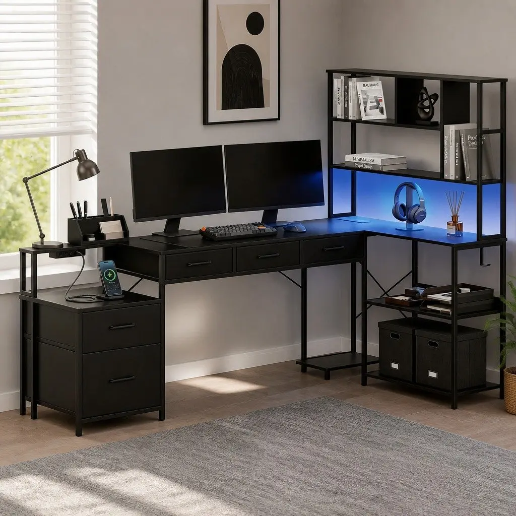 L Shaped Gaming Computer Desk 200cm with LED Lights