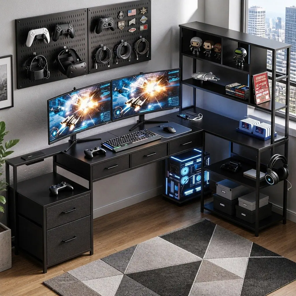 L Shaped Gaming Computer Desk Black 200cm Particle Board and Steel with RGB LED Lights and Power Outlets