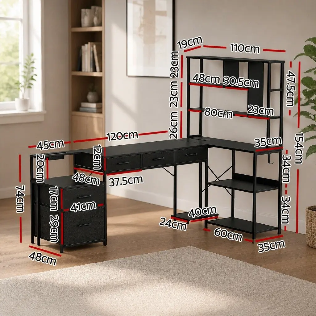 L Shaped Gaming Computer Desk Black 200cm Particle Board and Steel with RGB LED Lights and Power Outlets