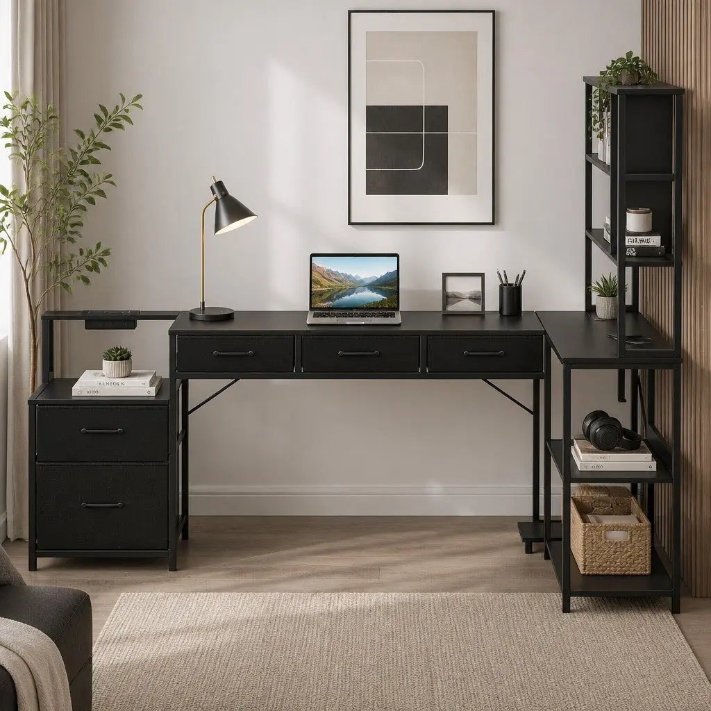 L Shaped Gaming Computer Desk Black 200cm Particle Board and Steel with RGB LED Lights and Power Outlets