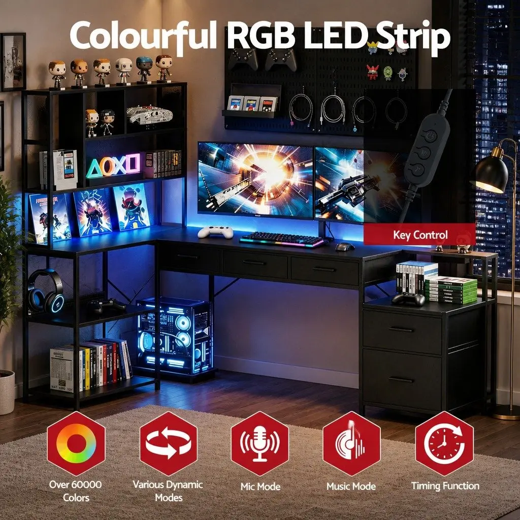 L Shaped Gaming Computer Desk Black 200cm Particle Board and Steel with RGB LED Lights and Power Outlets