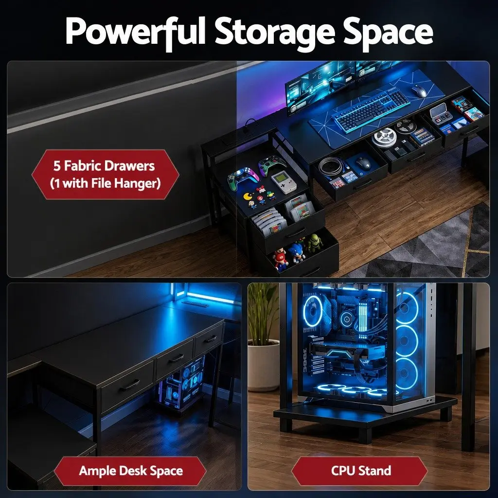 L Shaped Gaming Computer Desk Black 200cm Particle Board and Steel with RGB LED Lights and Power Outlets