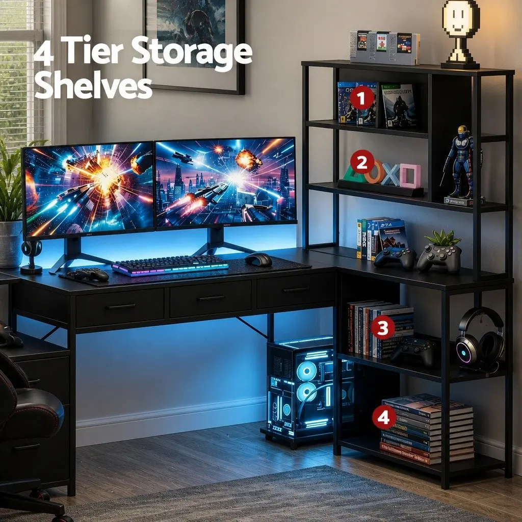 L Shaped Gaming Computer Desk Black 200cm Particle Board and Steel with RGB LED Lights and Power Outlets