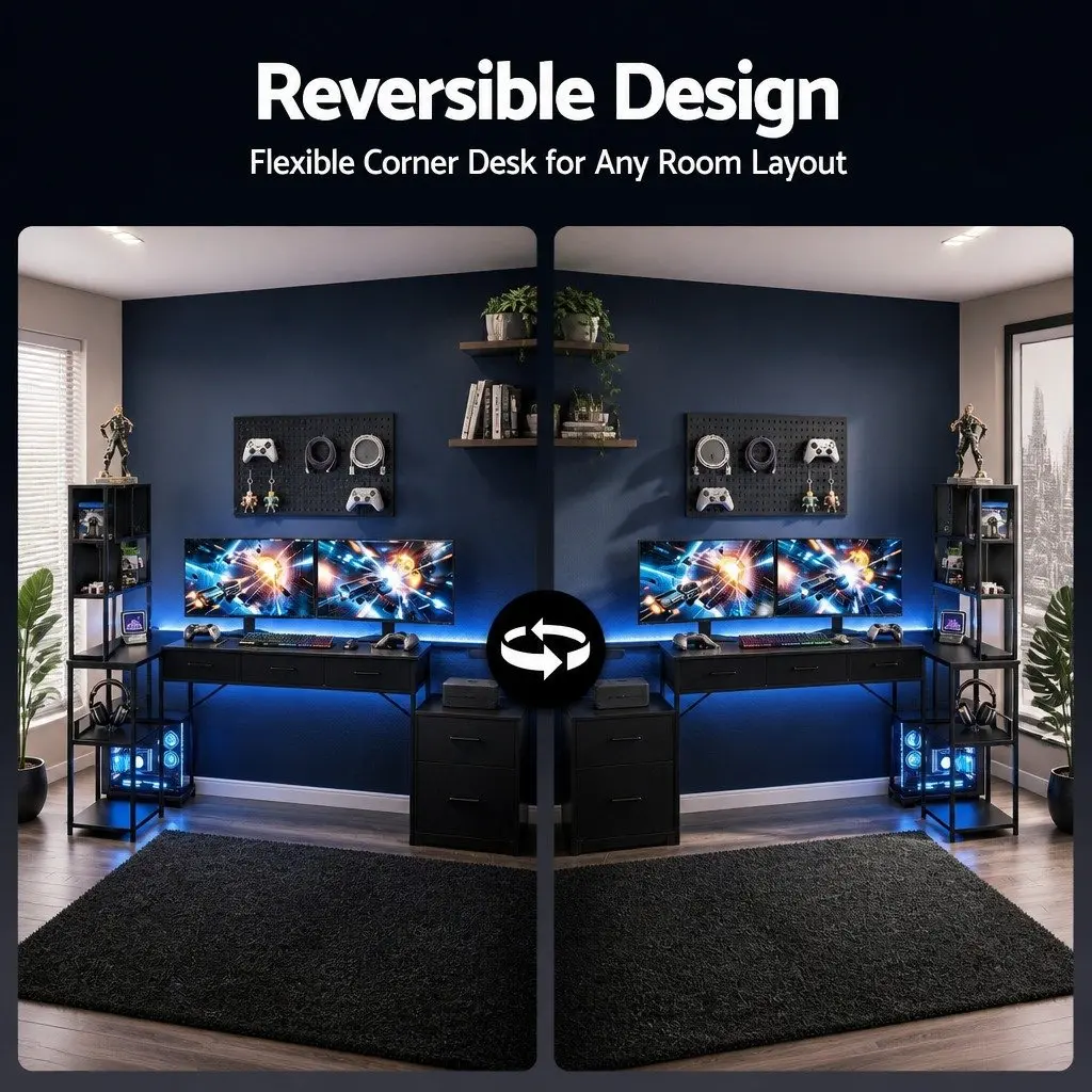 L Shaped Gaming Computer Desk Black 200cm Particle Board and Steel with RGB LED Lights and Power Outlets