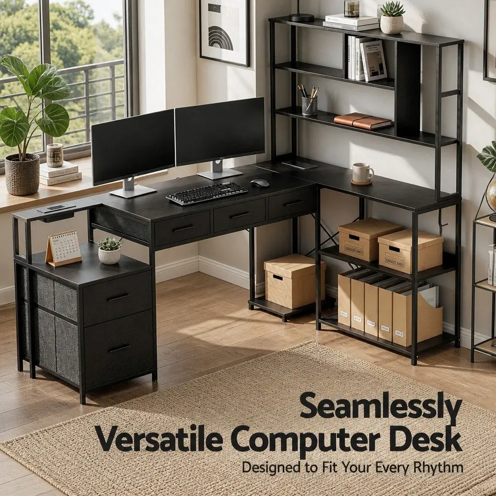 L Shaped Gaming Computer Desk Black 200cm Particle Board and Steel with RGB LED Lights and Power Outlets