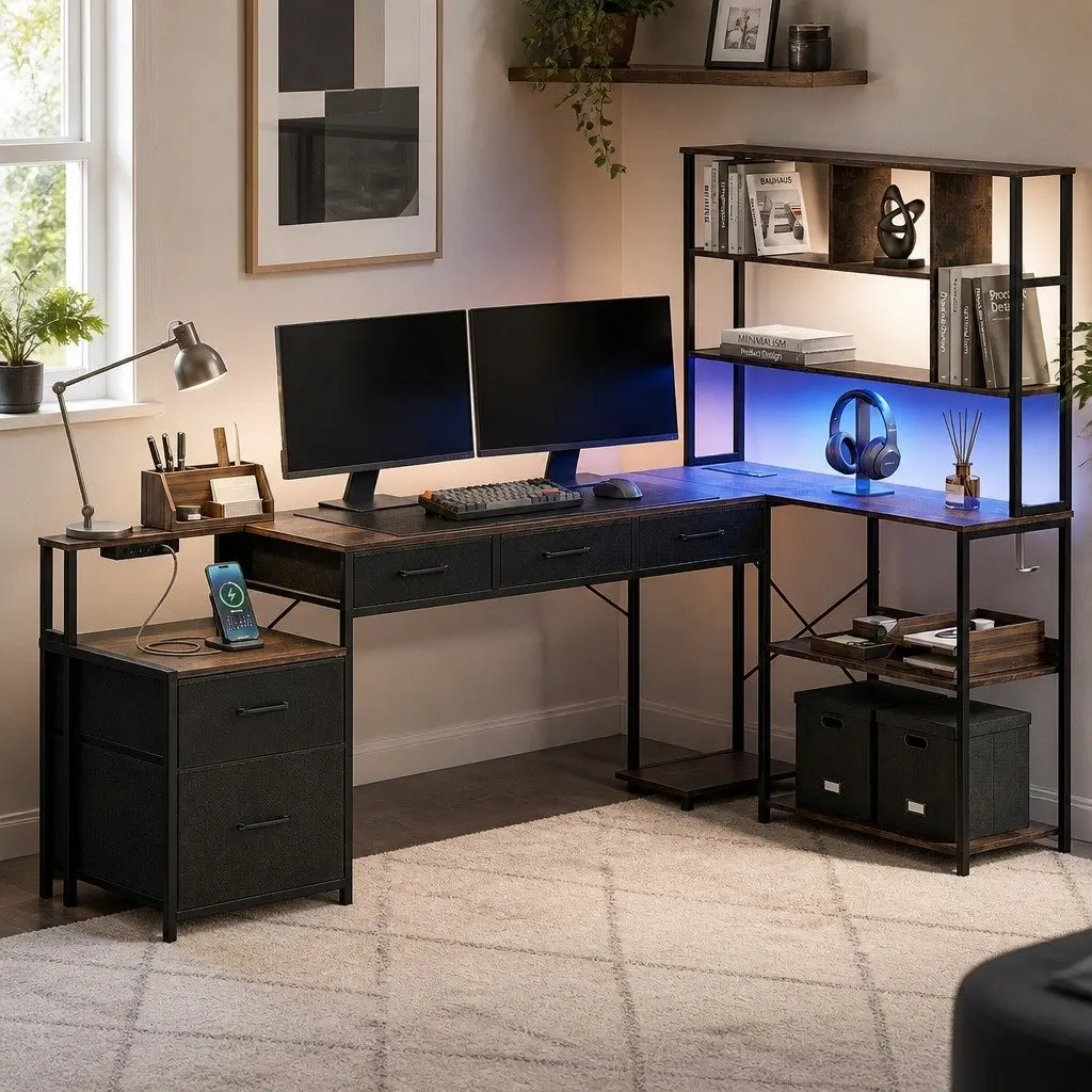 L Shaped Gaming Computer Desk with LED Lights and Power Access