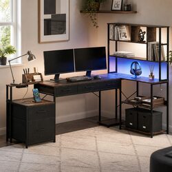L Shaped Gaming Computer Desk with LED Lights and Power Access