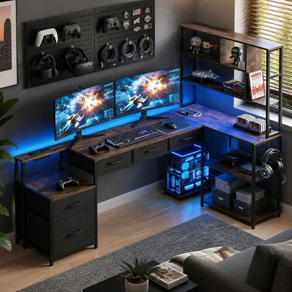 L Shaped Gaming Computer Desk Rustic Brown 200cm Particle Board and Steel Frame